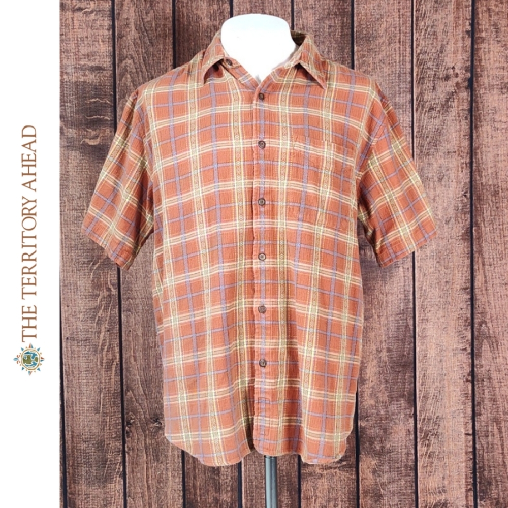 Woven Cotton Brown Lavender Green Short Sleeve Button Down